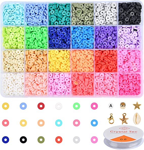 Photo 1 of 5040Pcs Polymer Clay Spacer Beads Flat Round, Vinyl Disc Beads 6mm with Elastic Cord and Jewelry Accessories for Jewelry Bracelets Making Supplies DIY Necklace Earring (28 Rainbow Colors)