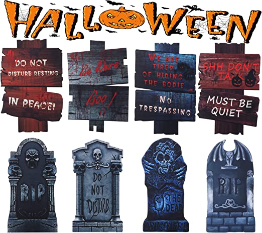 Photo 1 of 8 Pack Graveyard Yard Sign Decorations for Halloween, Waterproof Tombstones Halloween Yard Props with Stakes Foam Corrugate Rip Scary Spooky Zombie Headstone Decor for Party Outside Outdoor Garden Lawn