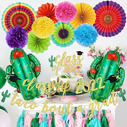 Photo 1 of 2022 Mexican Graduation Party Decorations- Gold Glitter Class of 2022 Taco Bout A Grad Banner and Class of 2022 Cake Topper Cactus Foil Balloons Paper Fan Pom Poms Flower Supplies,Mexican Graduation Banner
