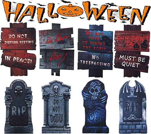 Photo 1 of 8 Pack Graveyard Yard Sign Decorations for Halloween, Waterproof Tombstones Halloween Yard Props with Stakes Foam Corrugate Rip Scary Spooky Zombie Headstone Decor for Party Outside Outdoor Garden Lawn
