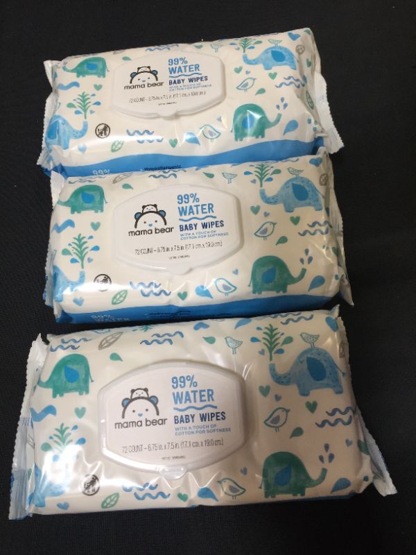 Photo 2 of 3 PACK Amazon Brand - Mama Bear 99% Water Baby Wipes, Hypoallergenic, Fragrance Free, 72 Count
