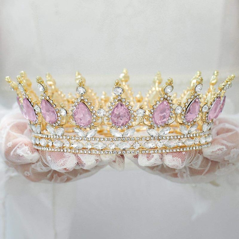 Photo 1 of Dmaiy Boho Crystal Bride Crowns 13.78inches Wedding Baroque Gold Crown and Tiara Queen Sparkling Bridal Tiaras Princess Rhinestone Fashion Head Jewelry for Women and Girls (Pink)
