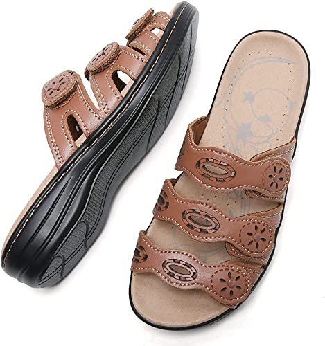 Photo 1 of Classic Womens Sandals Leather Adjustable Hook and Loop Straps Flat Sandals. SIZE 9 