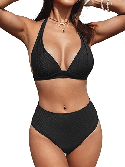 Photo 1 of CUPSHE Women High Waist Bikinis Halter Triangle Bikini Swimsuits V Neck Hipster Sexy Backless Two Piece Bathing Suit. SIZE S
