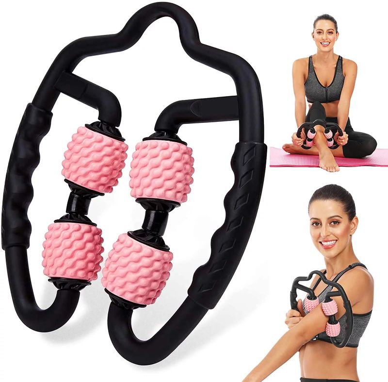 Photo 1 of 3D Foam Roller Massager 4 Wheels Muscle Relaxer Leg Full Body Massage Roller Gray & Pink