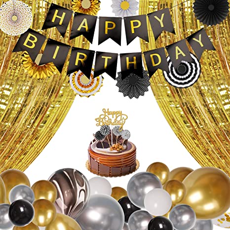 Photo 1 of Black and Gold Birthday Party Decorations,58 PCS Birthday Decorations for Men Women,Black Gold Balloons Marble Balloons Gold Curtains Paper Fans Party Decorations Supplies for Him Her Adults PHXEY
