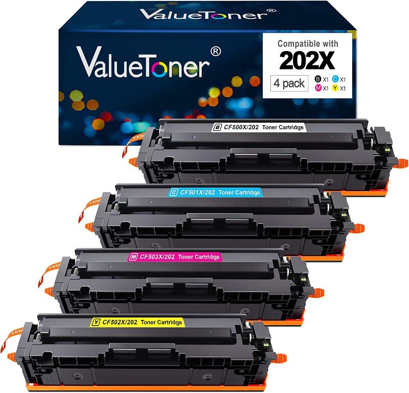 Photo 1 of Valuetoner Compatible Toner Cartridge Replacement for HP 202X 202A CF500X CF500A Used with Pro MFP M281fdw M254dw M281cdw M281dw Printer (1 Black, 1 Cyan, 1 Magenta, 1 Yellow, 4-Pack)
