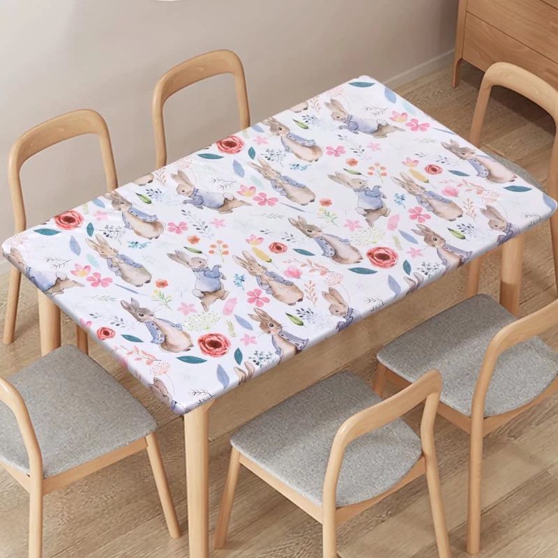 Photo 1 of Fitable Easter Picnic Fitted Table Cover - Waterproof Vinyl Rabbit&Flower Elastic Edged Wipeable Tablecloth for Indoor/Outdoor Dining Table, Camping, Holiday Party Rectangular Tables,30x96”
