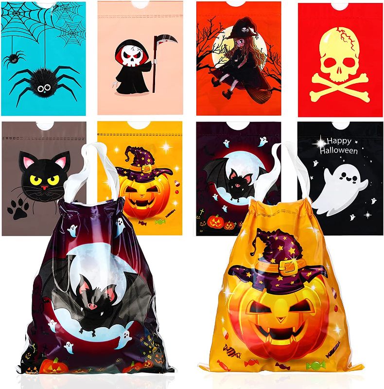 Photo 1 of 100 Pieces Halloween Treat Bags Halloween Candy Bags for Treat or Trick Reusable Halloween Drawstring Goody Bags Colorful Party Favors Bags for Halloween Party Decoration Supplies, 8 Styles
