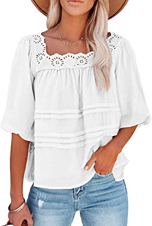 Photo 1 of AlvaQ Summer Women Lace Crochet Square Neck Tops Ruffle Lantern Short Sleeve Shirt Casual Loose Babydoll Blouse, Size Small
