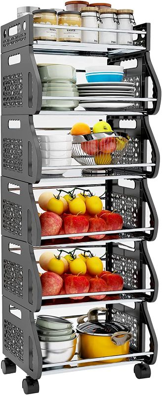 Photo 1 of 6 Tier Fruit Vegetable Basket, Baboies Stackable Vegetable Produce Storage Rolling Cart with Wheels, Freestanding Organizer Rack for Kitchen, Hall, Pantry, Closet