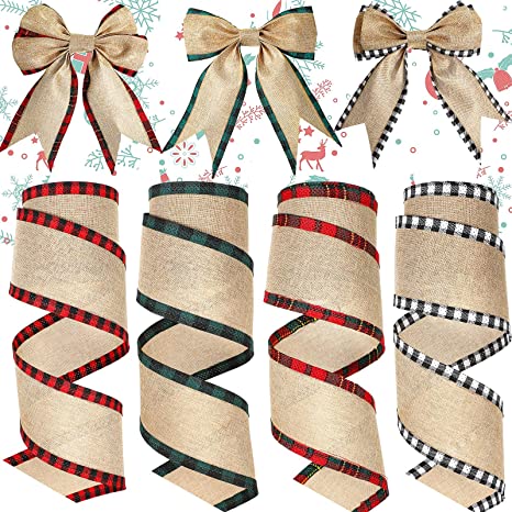 Photo 1 of 4 Rolls 24 Yards Christmas Buffalo Plaid Wired Edge Ribbons Burlap Fabric Craft Ribbons Natural Wrapping Ribbon with Checkered Edge for Holiday Christmas Tree Decor Floral Bows for Wreaths 2.5 Inch
