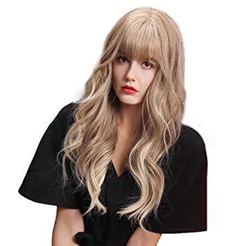 Photo 1 of 24" Blonde Wavy Wig With Bangs Long Wigs Heat Resistant Fiber Synthetic Cosplay Wavy Wigs for Women
