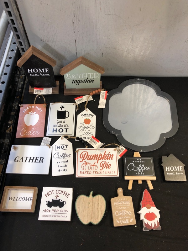 Photo 1 of 16PCS MISC ITEMS- FALL DECOR- WOODEN PIECES WITH FALL SAYINGS- 13 PACK- 1 BLACK MIRROR- 1 APPOE WOODEN PIECE- 1 KNOME WOODEN PIECE.
