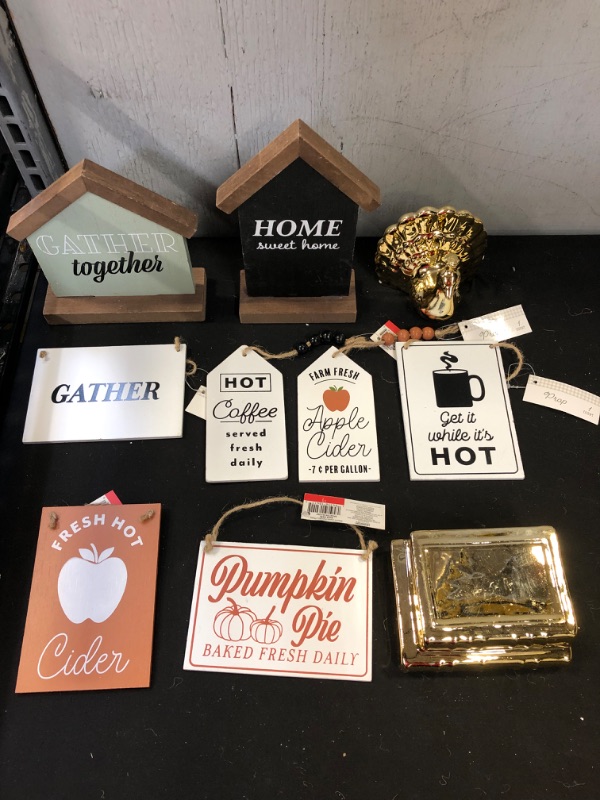 Photo 1 of 10PCS MISC ITEMS- FALL DECOR- WOODEN PIECES WITH FALL SAYINGS- 9 PACK- 2 GOLD PEICES (TURKEY AND A STACK OF BOOKS)
