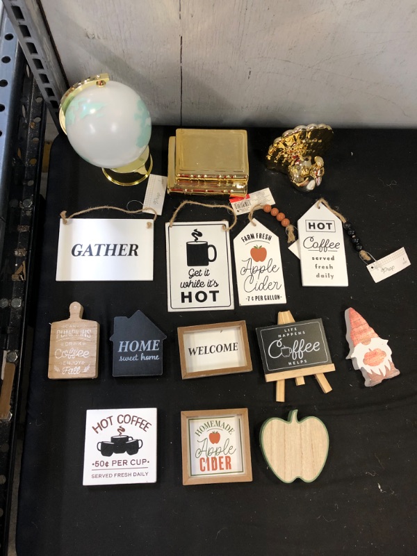 Photo 1 of 15PCS MISC ITEMS- FALL DECOR- WOODEN PIECES WITH FALL SAYINGS- 12 WOODEN PEICES- 2 GOLD PEICES (TURKEY AND A STACK OF BOOKS)- 1 GLOBE

