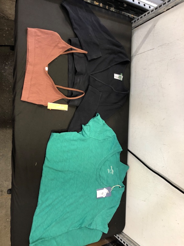 Photo 1 of 3 PCS MISC WOMENS CLOTHING-Woen's Short Sleeve T-Shirt Dress - Universal Thread™--Women's Triangle Bralette - Colsie™-- Women's Long Sleeve Seamless Tiny Top - Wild Fable™-SIZE M


