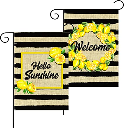 Photo 1 of 2Pcs Hello Sunshine Summer Garden Flag Burlap Stripe Lemon Flag House Decorative Hawaiian Style Welcome Yard Decoration Double Sided Print Seasonal Outdoor Décor for Holiday 12”x18”