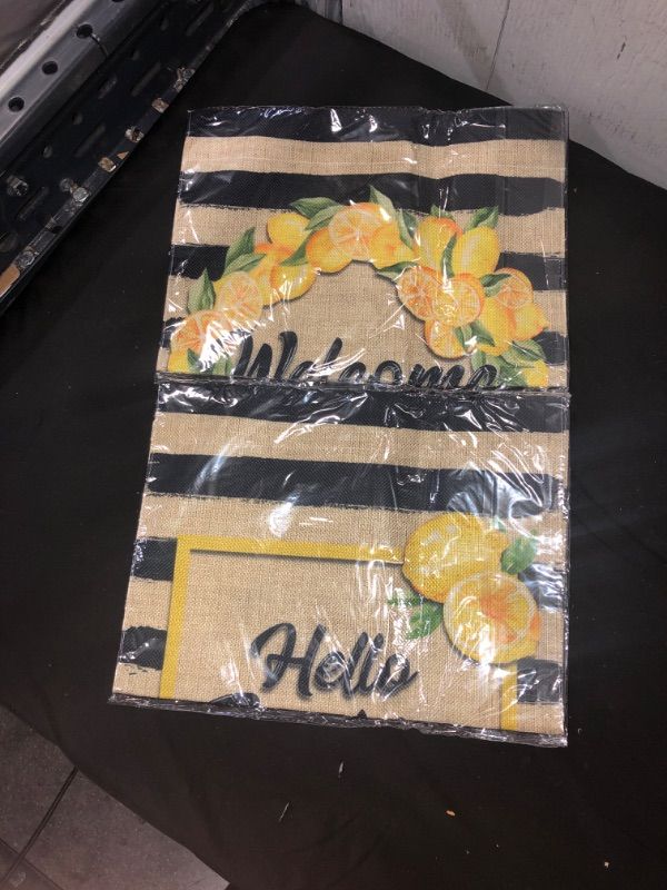 Photo 2 of 2Pcs Hello Sunshine Summer Garden Flag Burlap Stripe Lemon Flag House Decorative Hawaiian Style Welcome Yard Decoration Double Sided Print Seasonal Outdoor Décor for Holiday 12”x18”