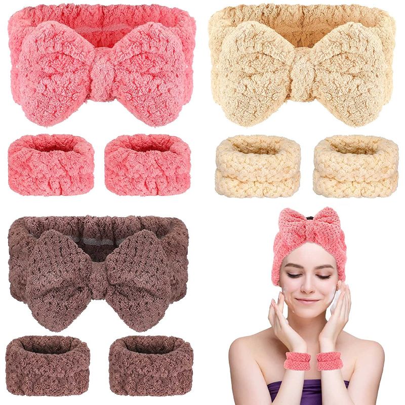 Photo 1 of 9 Pieces Spa Headband Wrist Washband Set 3 Pcs Bowtie Face Wash Headband Coral Fleece Facial Makeup Towel Headband Elastic Hair Band Scrunchies 6 Pcs Face Washing Wristbands for Girls Women, 3 Colors
