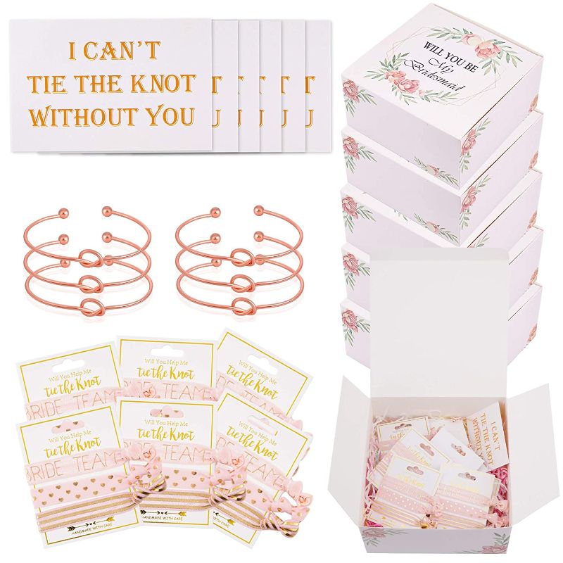 Photo 1 of 3 ITEM COUNT 36pcs Bridesmaids Proposal Gift Set 6 Bridesmaid Proposal Boxes,6 Love Knot Bracelet with 6 I Can't Tie The Knot Card and 18 No Crease Hair Ties &  Catery Sports Headbands No Slip Grip Hairband Elastic Single Band Silicone Lined Sweatband Yog
