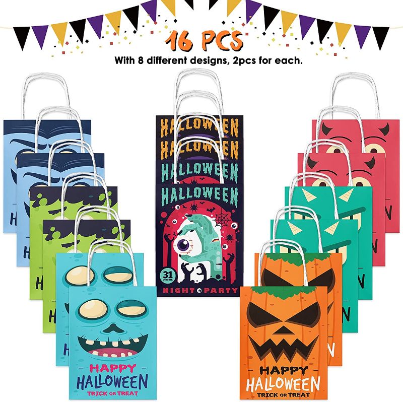 Photo 2 of 2 ITEM COUNT OF  NiHome 16-Pack Halloween Kraft Paper Treat Bags with Handles, Trick or Treat Holiday Party Favor Goodie Bags for Kids Pumpkin Candy Sweets Cookies Gift Bag Snacks Packing Supplies (8 Assorted Designs)
