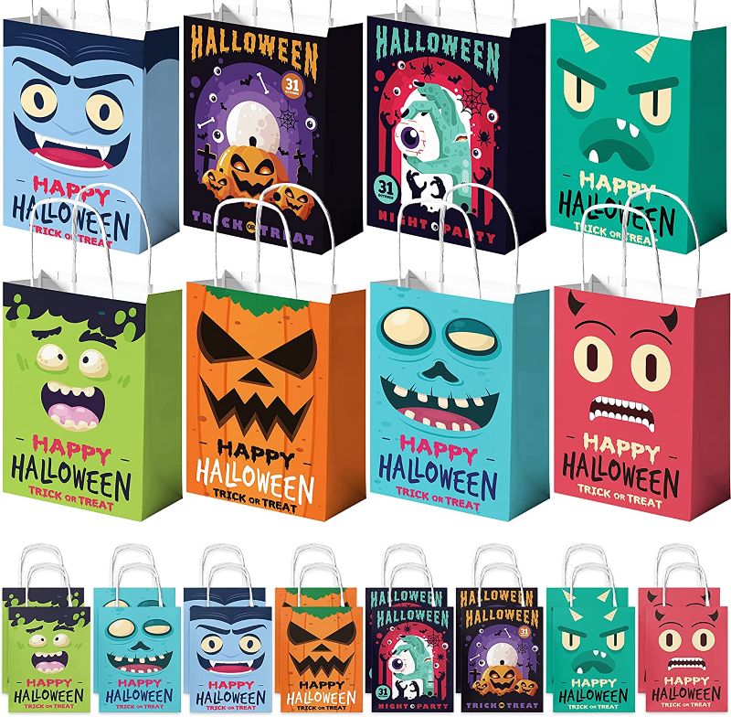 Photo 1 of 2 ITEM COUNT OF  NiHome 16-Pack Halloween Kraft Paper Treat Bags with Handles, Trick or Treat Holiday Party Favor Goodie Bags for Kids Pumpkin Candy Sweets Cookies Gift Bag Snacks Packing Supplies (8 Assorted Designs)
