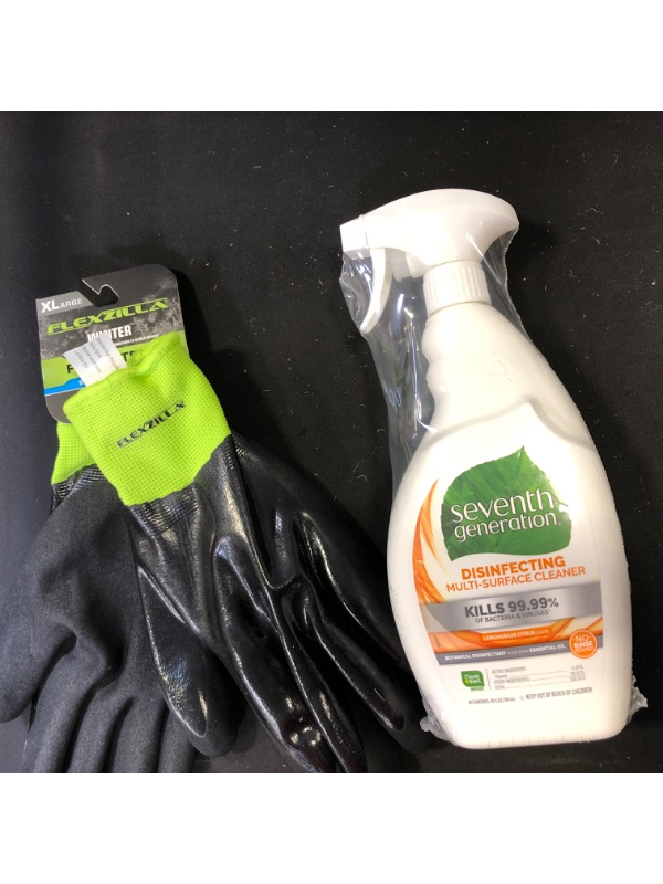 Photo 1 of 2 ITEM COUNT Seventh Generation Lemongrass Citrus Disinfecting Multi-Surface All Purpose Cleaner 26 Fl Oz & Flexzilla? Full Nitrile Dip Winter Gloves, Black/ZillaGreen?, XL

