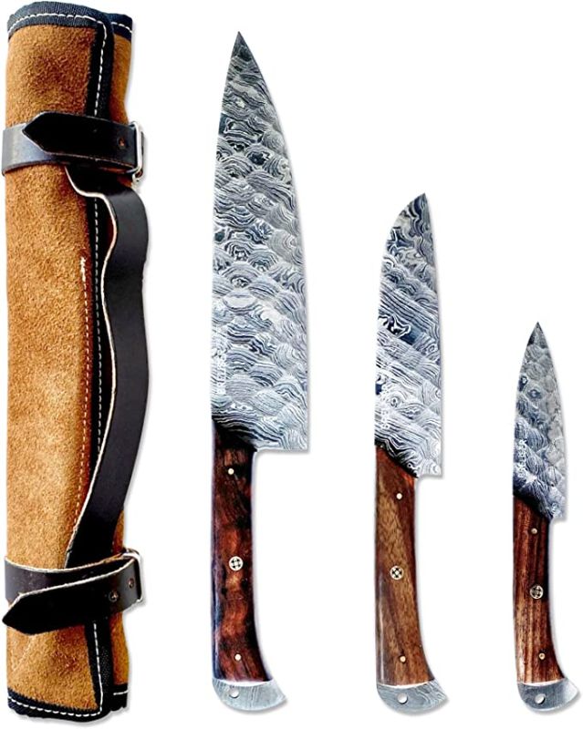 Photo 1 of 3-Piece Knives Set for Kitchen, Damascus Chef Knife Set With Professional Chef Knife, Santoku Knife, & Paring Knife, Diamond-Hammered Kitchen Knifes With Rosewood Handles, Gifts for Chefs - Breliser