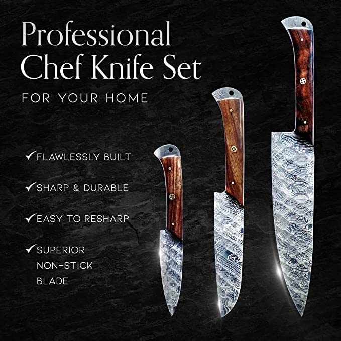 Photo 2 of 3-Piece Knives Set for Kitchen, Damascus Chef Knife Set With Professional Chef Knife, Santoku Knife, & Paring Knife, Diamond-Hammered Kitchen Knifes With Rosewood Handles, Gifts for Chefs - Breliser