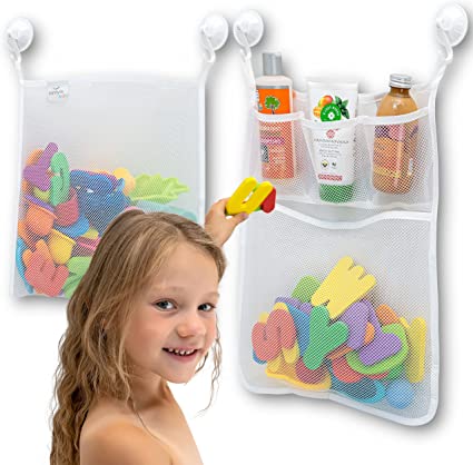 Photo 1 of 2 x Mesh Bath Toy Organizer + 6 Ultra Strong Hooks – The Perfect Bathtub Toy Holder & Bathroom or Shower Caddy – These Multi-use Net Bags Make Baby Bath Toy Storage Easy – For Kids & Toddlers
