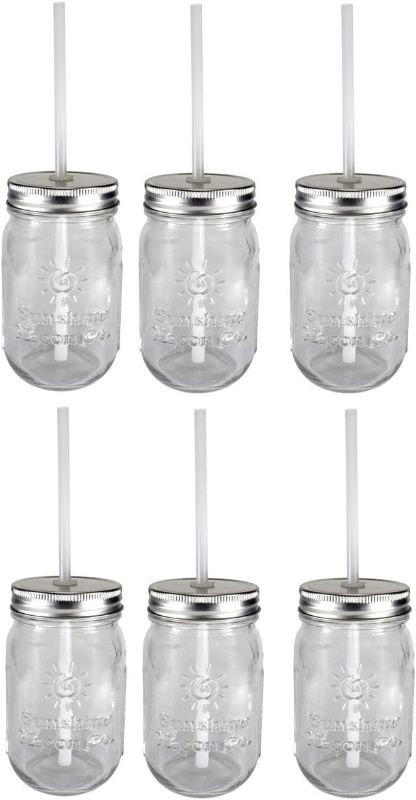 Photo 1 of  Glass Mason Jar Set with Silver Lids and Straw Spout, Set of 6
