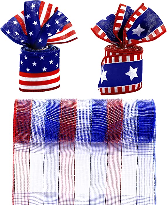 Photo 1 of 3 Rolls 10 Inch and 2.5 Inch Wide Fourth of July Poly Mesh Ribbons American Flag Ribbon Patriotic Stars and Stripes Ribbon for Memorial Day, Veterans Day, Independence Day, 20 Yards in Total
