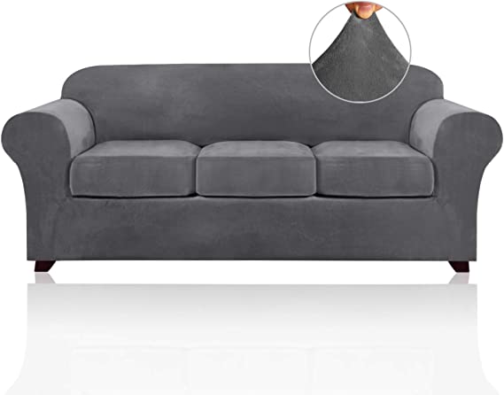 Photo 1 of 4 Pieces Sofa Covers Stretch Velvet Couch Covers for 3 Cushion Sofa Slipcovers Soft Sofa Slip Covers Furniture Covers with 3 Individual Seat Cushion Covers, Machine Washable (Large, Grey)

