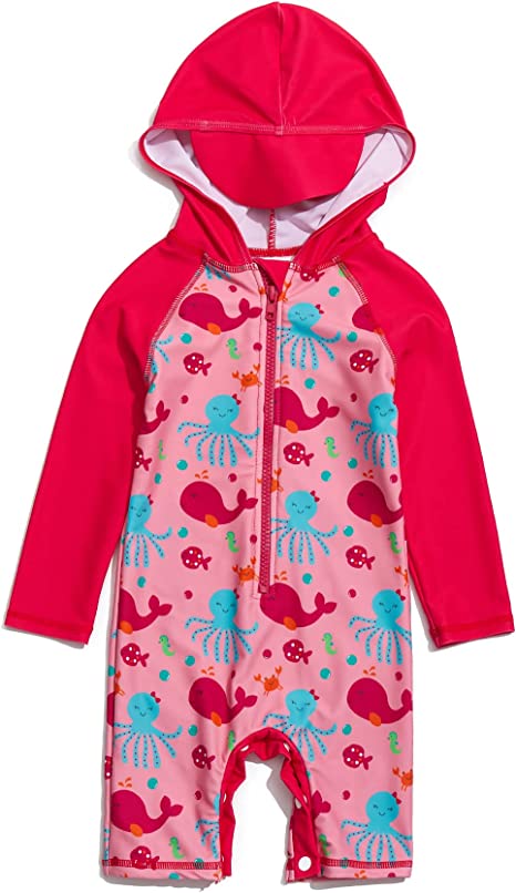 Photo 1 of Baby Girls Hooded Sunsuit with Snap Bottom UPF50+ Kids L/S One-Piece Zipper UV Swimsuit*** 12-18 MONTHS
