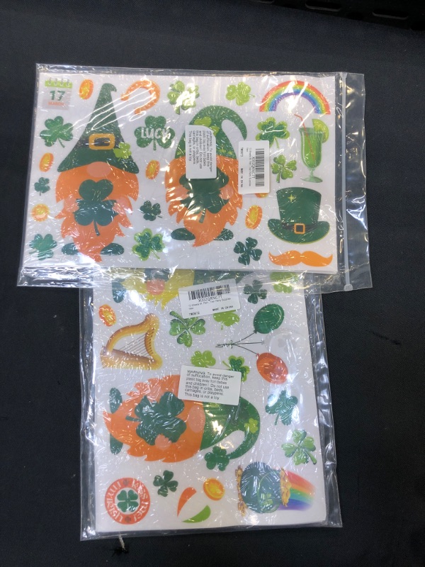 Photo 2 of (2) 12 Sheets St. Patrick's Day Window Clings Decorations Gnome Shamrock Stickers Reusable Static Spring Window Decal for Saint Patrick Day Irish Party Supplies