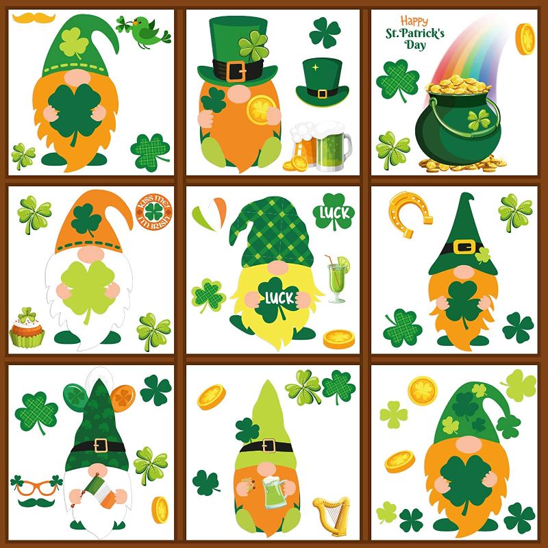 Photo 1 of (2) 12 Sheets St. Patrick's Day Window Clings Decorations Gnome Shamrock Stickers Reusable Static Spring Window Decal for Saint Patrick Day Irish Party Supplies