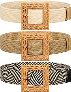 Photo 1 of 3 Pieces Straw Woven Belt Elastic Stretch Belt Boho Waist Belt Skinny Dress Braided Belt Wooden Buckle for Women