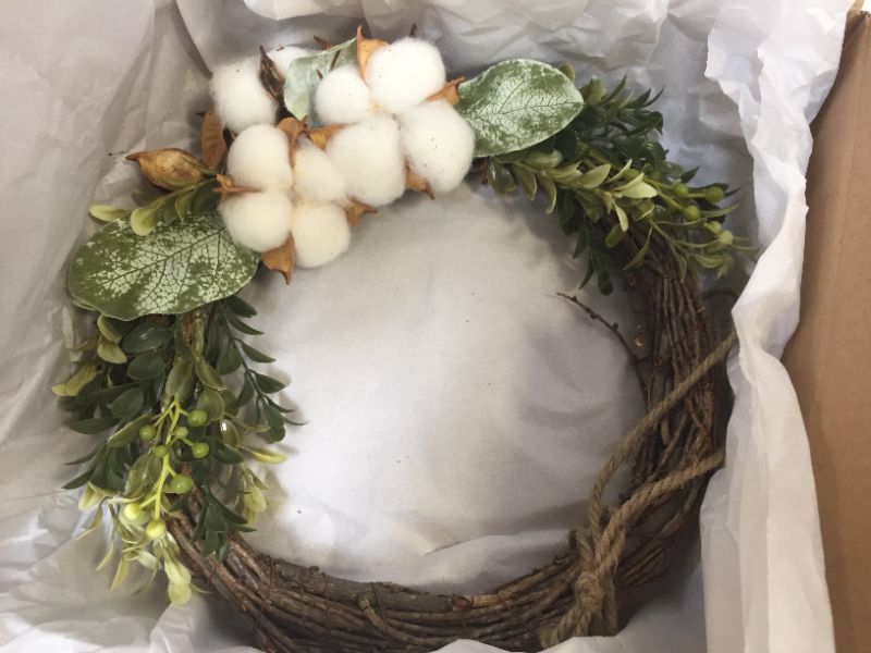 Photo 2 of  Eucalyptus Wreath, Artificial Green Leaves Wreath with Cotton, Beautiful Handmade Wreath for Front Door, Festival, Celebration, Window and Party Decoration 11.02 x 11.02 x 2.76 inches
