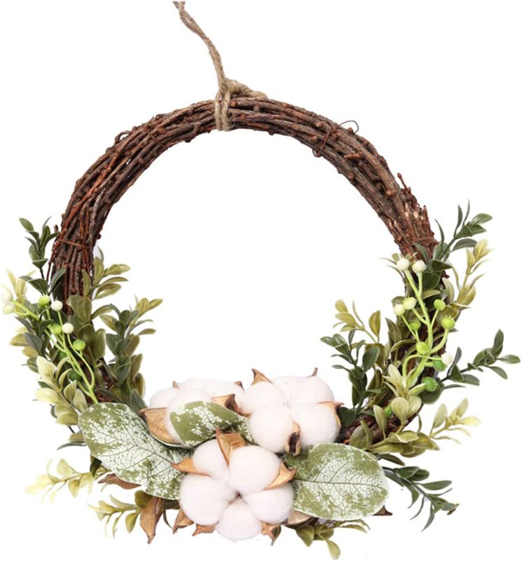 Photo 1 of  Eucalyptus Wreath, Artificial Green Leaves Wreath with Cotton, Beautiful Handmade Wreath for Front Door, Festival, Celebration, Window and Party Decoration 11.02 x 11.02 x 2.76 inches
