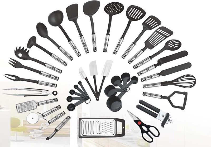 Photo 1 of 38-piece Kitchen Utensils Set Home Cooking Tools Gadgets Turners Tongs Spatulas Pizza Cutter Whisk Bottle Opener, Graters Peeler, Can Opener, Measuring Cups Spoons (Black)
