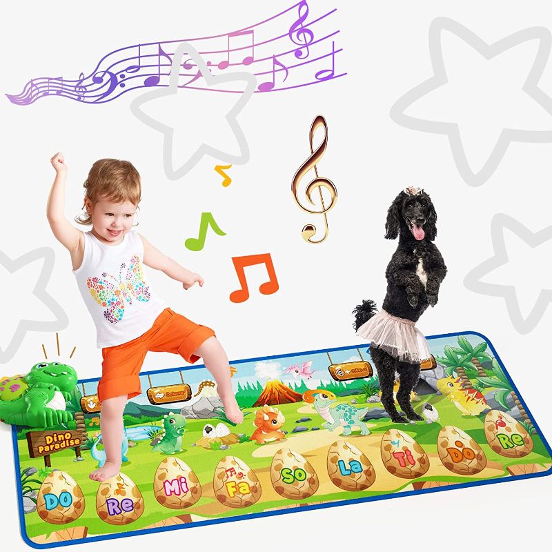 Photo 1 of Baby Musical Mats, Piano Mat Toys for Toddlers with 25 Music Sounds, Musical Keyboard Touch Playmat Carpet, Dinosaur Pronunciation Musical Floor Toy for Babies Girls Boys Toddlers (47.2x15.3inch)
