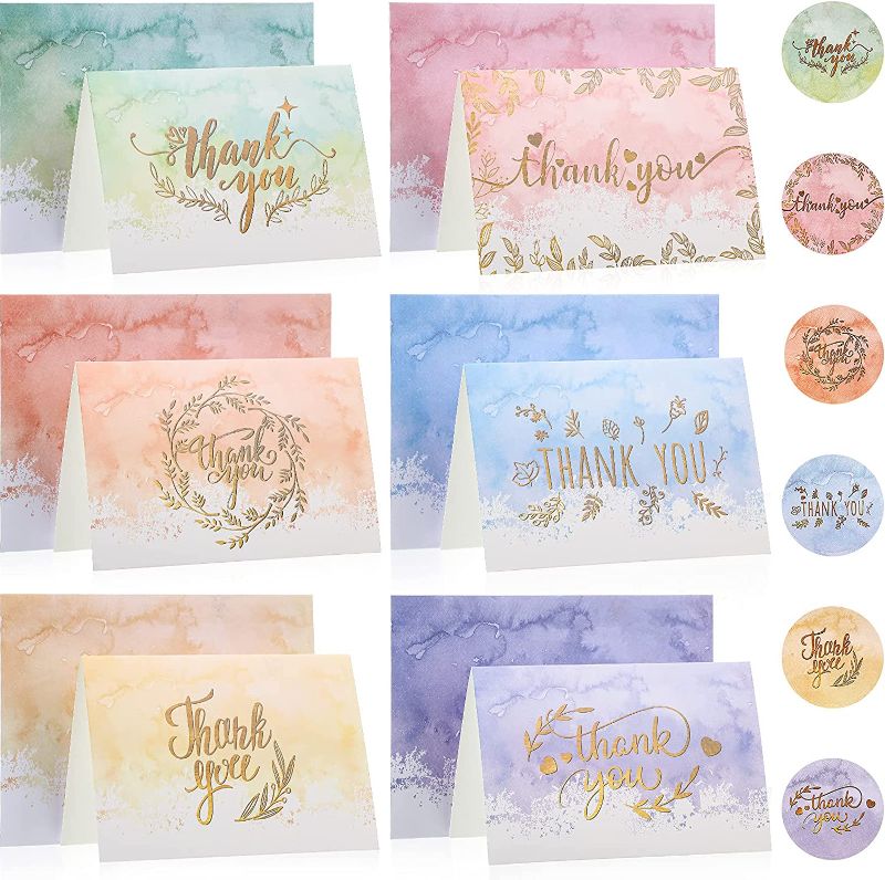 Photo 1 of 360 Pieces Watercolor Thank You Cards with Envelopes and Stickers Set 6 Designs Gold Foiled Greeting Note Cards Thank You Envelopes Round Envelope Seal Stickers for Wedding Graduation Baby Shower
