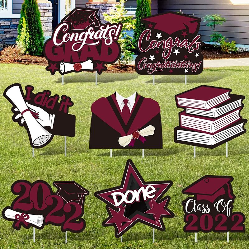 Photo 1 of 8 Pcs Graduation Yard Lawn Sign 2022 Personalized College Class of 2022 Party Decorations Outdoor Glitter Congrats Grad Signs with 16 Pcs Stakes Waterproof for Outside Favors Supplies (Maroon)
