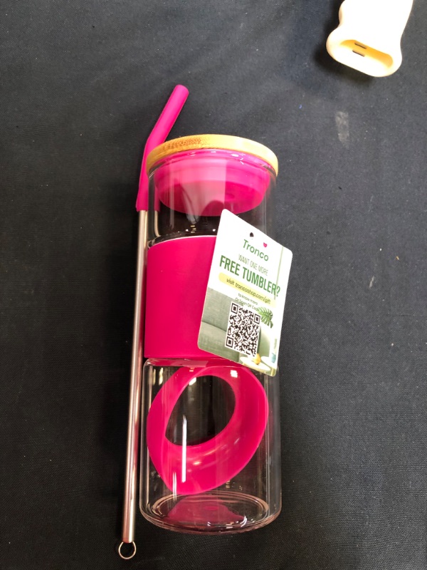 Photo 2 of 2 tronco 18oz Glass Tumbler Glass Water Bottle Straw Silicone Protective Sleeve Bamboo Lid - BPA Free (pink)
