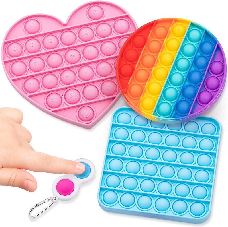 Photo 1 of 4 PCS Push Pop Bubble Fidget Sensory Toy - Simple Dimple Pop Its Fidget Toy Rainbow Circle Pink Heart & Blue Square Combo 
