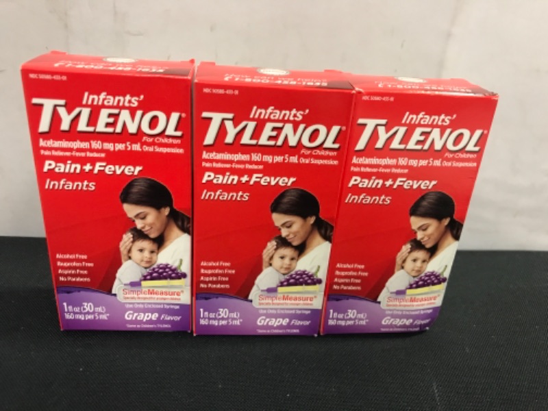 Photo 2 of 3 pcs Infant's Tylenol Children's Pain Reliever/Fever Reducer, Grape, 1 fl oz tube----exp dat4e 02/2024