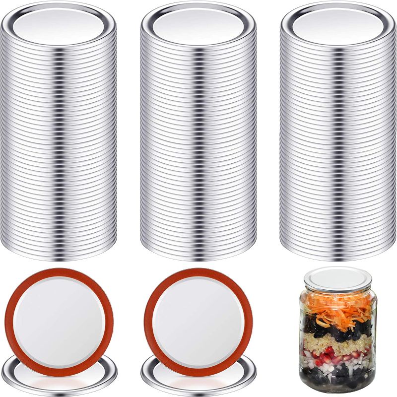 Photo 1 of 100 Pieces Mason Canning Lid Jar Split-Type Lids with Silicone Seals Rings Compatible with Mason Jar Can Reusable Leakproof Lids Storage Solid Caps Flat Sealing Caps
