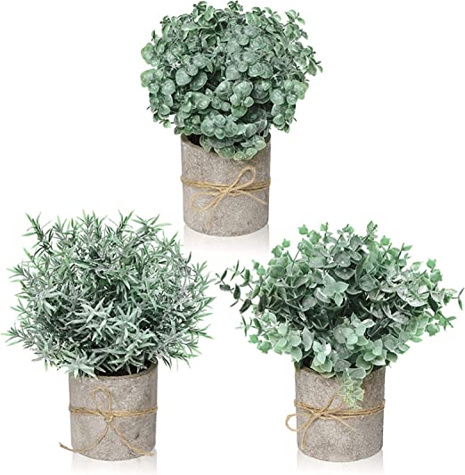 Photo 1 of Farmhouse Decor for The Home, Farmhouse Bathroom Decorations - Modern Farmhouse Decorations for Farmhouse Bathroom or Farmhouse Table - Eucalyptus Plant Rustic Set of 3 Artificial Plants (Frosted)