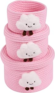 Photo 1 of LixinJu Small Woven Baskets with Lid Small Storage Baskets with Lids Set Of 3 Clouds Cotton Rope Basket for Organizing Round Lidded Basket for Shelves Baby Nursery Covered Storage Bins Decorative for Kids Toy Gift Pink